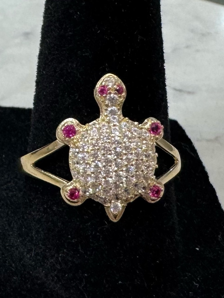 10k Gold Turtle Ring With Clear And Pink Stones -Size 8